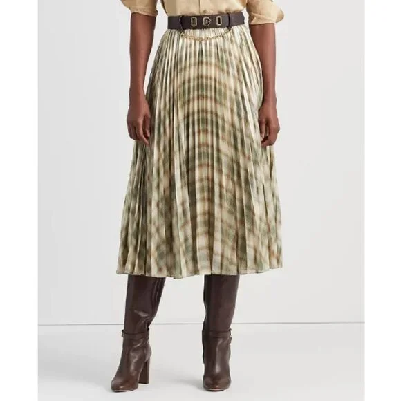 LAUREN Ralph Lauren Women's Plaid Pleated Metallic Georgette Skirt Cream Size 8 - Picture 1 of 6